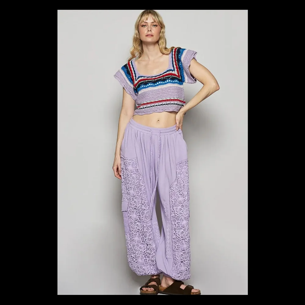 POL Crochet Knit Short Sleeve Top (Lavender Multi) - Picture 4 of 6